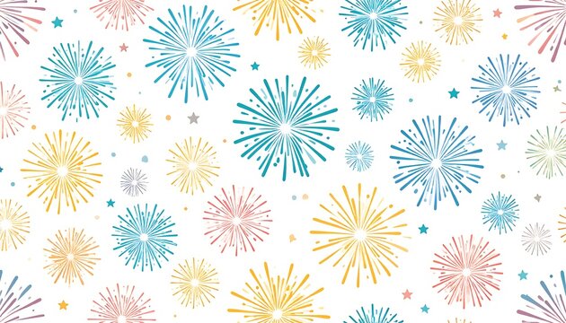 A festive, celebratory pattern of colorful fireworks bursting against a bright white background.