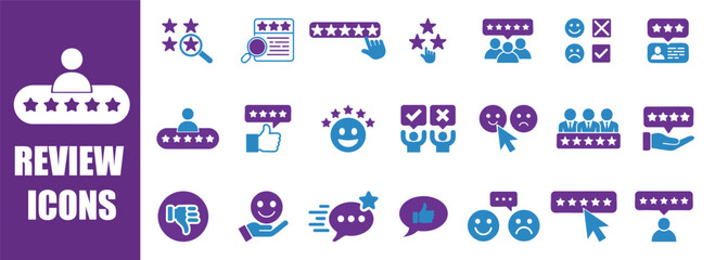 Set of Review Icons, Containing feedback, rating, testimonial, satisfaction, comment, opinion, like, customer, recommend and more. Solid vector style with white background