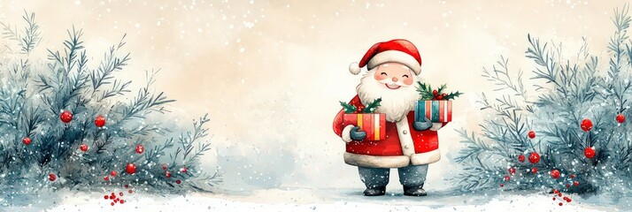 Santa Claus joyfully holds a beautifully wrapped gift decorated with a red bow in a magical winter wonderland invitation, promotional banner with copy space