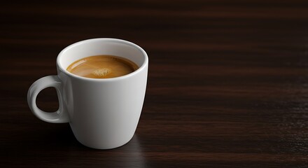 Obraz premium Coffee cup on dark wood table background with copy space for design