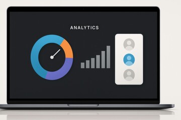 Hands typing on keyboard with flat design audience analytics dashboard donut chart 
