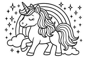 Obraz premium Magical Unicorn Coloring. Magical unicorn coloring page: unicorn with flowing mane, rainbow and clouds, stars sparkling around,