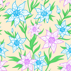 Seamless pattern of blue and purple flowers with green leaves on a cream background