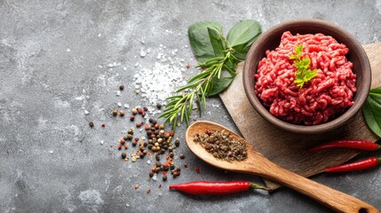 Ground beef is arranged in a wooden bowl surrounded by fresh herbs, spices, and chili peppers on a textured kitchen countertop. This setup showcases ingredients for cooking.