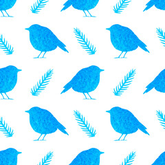 Seamless pattern of blue birds and green pine sprigs