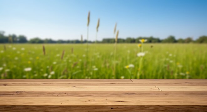 Rustic wooden table with a soft focus on a vibrant green field and blooming wildflowers in the distance, a perfect natural backdrop for displays