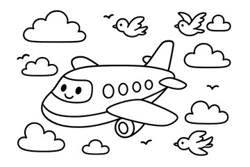 Cartoon Airplane Journey. Transportation coloring page: airplane flying in the sky, birds and clouds around, smiling windows,