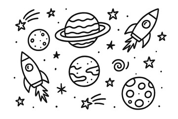 Doodle Space Adventure. Doodle universe with planets, moons, and rocket ships in black and white isolated transparent background