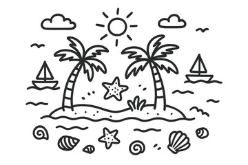Tropical Doodle Seascape. Doodle tropical sea with palm trees, shells, and small boats in black and white isolated transparent