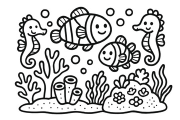 Tropical Reef Doodle. Doodle tropical reef with clownfish, corals, and smiling seahorses in black and white isolated transparent