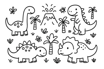 Doodle Dinosaurs and Volcanos. Friendly doodle dinosaurs with volcanos, palm trees, and little insects in black and white isolated
