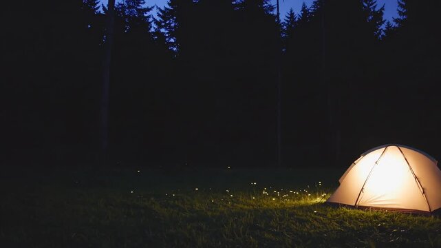 Illuminated camping tents creating a repetitive pattern across a dark, moody forest at night, with tiny specks of light simulating fireflies glowing on the dark grass