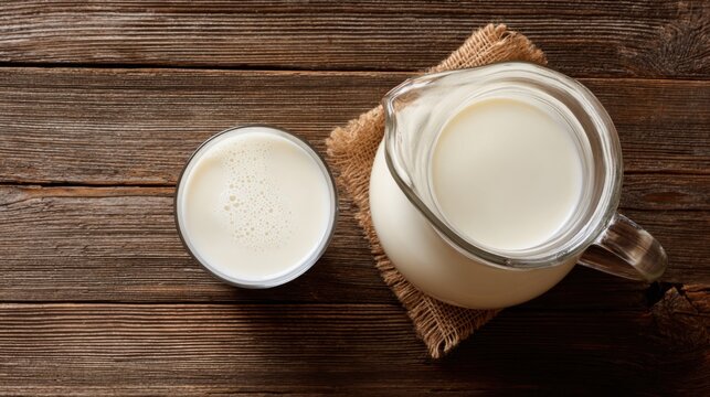 A pitcher filled with fresh milk sits beside a glass of milk, both resting on a rustic burlap cloth. Soft natural light highlights the creamy texture and small bubbles on the surface.