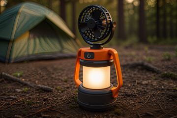 Close-up of a modern portable camping lantern with built-in fan, glowing warmly in front of a tent in the forest. Perfect for outdoor lifestyle, survival gear, hiking, and adventure concepts.