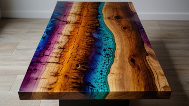 Live Edge Wooden Slab Table with Epoxy Resin River in Rainbow Gradient, Artisan Background