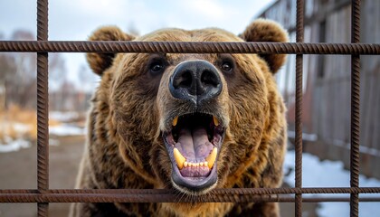 A large brown bear with a wide-open mouth gazes directly into the camera through a rusty metal fence.