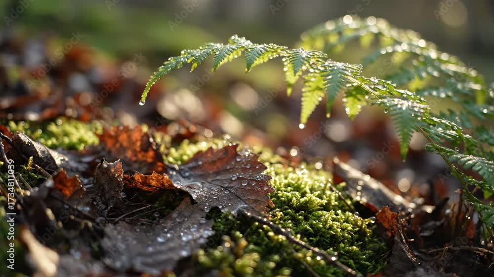 Poster intimate close up of detailed forest floor with shallow depth of field calm, microcosm, documentary
