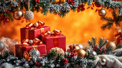 Christmas gifts, fir branches and baubles in a cozy bokeh background, suitable for banners and cards