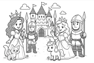 Fototapeta premium Medieval Kingdom Fantasy. Cheerful medieval kingdom with queens, guards, and magical pets in black and white isolated transparent
