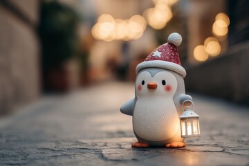 Obraz premium Penguin figurine holds lantern on winter street at night, small candle light and blurred city lights behind give seasonal mood.