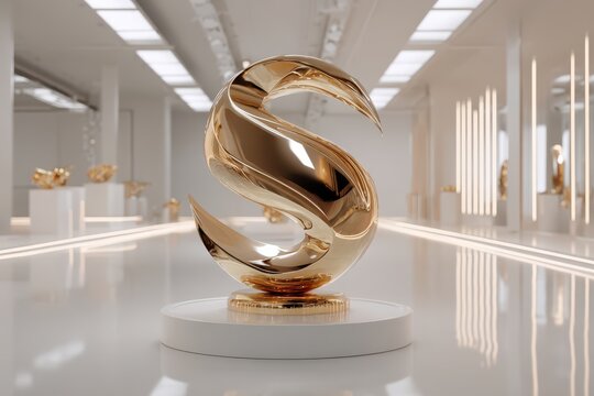An abstract golden S-shaped sculpture exhibited in a modern art gallery space, showcasing artistic expression and creativity in a minimalist, elegant, luxurious design environment. - Powered by Adobe