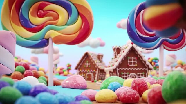 Colorful fantasy candy land with lollipops, trees, and houses; backdrop for fun & playful designs