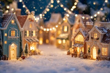 Fototapeta premium Miniature houses with string lights in snow, village street view and shallow depth front view copy space horizontal frame night.