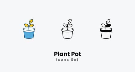 Plant Pot icon - Gardening and Landscaping Tool Symbol in Line and Flat Style and black Glyph Vector ilustration