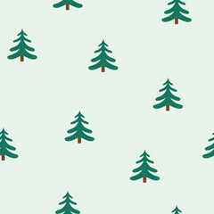 Seamless pattern with simple pine trees on light green background. Evergreen forest design for Christmas, New Year, wrapping paper, textile and decoration. Flat vector illustration.