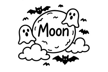 Naklejka premium Halloween Moon Doodle. Doodle halloween moon with clouds, bats, and ghosts, center word “Moon” in black and white isolated