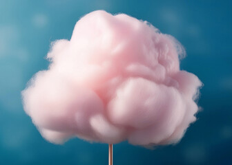 pink cotton candy on a stick with blue background; sweet fluffy sugar treat, carnival and fair dessert, perfect for posters, food design, confectionery projects, and playful concepts