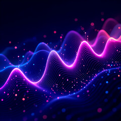 “Futuristic Neon Waveform with Glowing Blue and Pink Gradient Lines, 3D Mesh Grid of Dots, and Dynamic Energy Flow on a Dark Abstract Background”