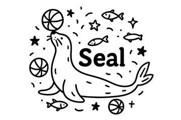 Obraz premium Seal's Circus Act. Doodle seal performance with balls, fish, and stars, center word “Seal” in black and white isolated transparent
