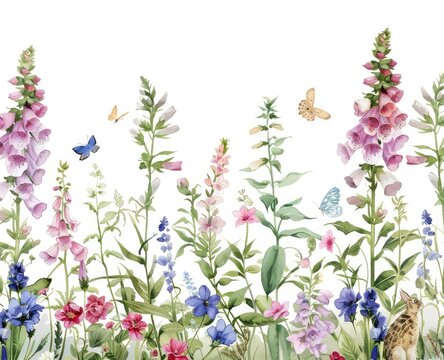 Foxglove & wildflowers with butterflies and cat in meadow. For summer design - Powered by Adobe