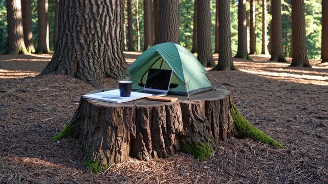 Miniature green tent, laptop, and coffee cup setting on a tree stump in a forest, creating a surreal pattern representing remote work and work life balance flexibility