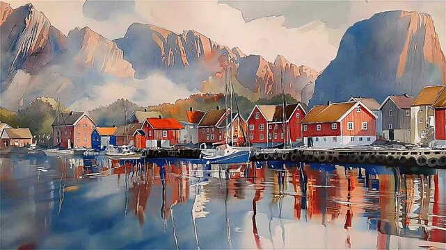 Waterfront village in Norway, red buildings reflecting in still water