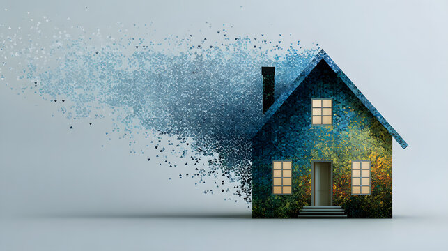 Abstract House Home Building Disintegrating into a Cloud of Digital Technology Particle for Business