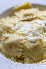 lose-Up of Italian Ravioli with Mozzarella and Olive Oil on a White Plate