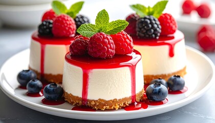 Delicious mini cheesecakes topped with fresh berries and drizzled with a vibrant glaze