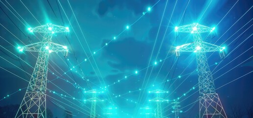 Glowing teal power lines and transmission towers stretch across a twilight sky, creating a futuristic energy grid aesthetic
