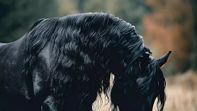 Beautiful friesian horse portrait at outdoor location