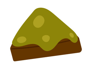 Vector Dubai chocolate triangle dessert with pistachio topping, isolated on white. Gourmet sweet treat illustration for bakery, patisserie, confectionery, premium menu.