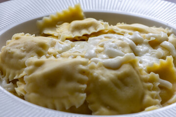 lose-Up of Italian Ravioli with Mozzarella and Olive Oil on a White Plate