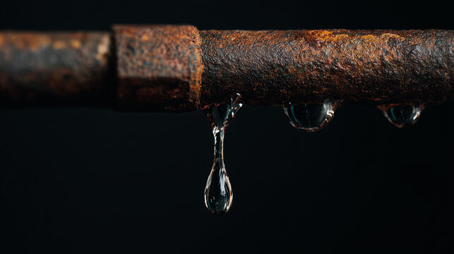  Water drops  dripping from a rusty metal pipe.