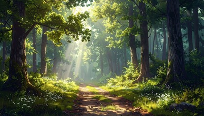 Obraz premium Sunlight streams through a verdant forest path, illuminating a tranquil woodland scene.