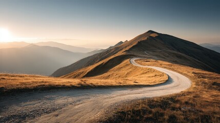 Winding dirt road meanders across a grassy mountain ridge under a clear, bright blue sky at sunrise, capturing the golden hour light, casting long shadows and highlighting the texture of the terrain