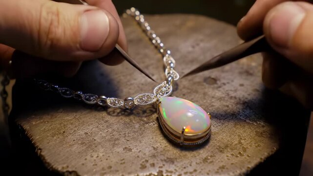Jeweler works on opal necklace, close-up in workshop. Jewelry making and craftsmanship