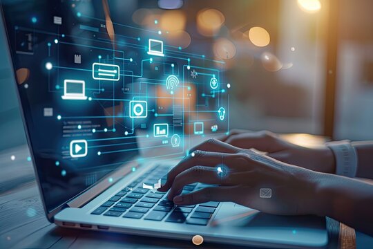 Hands typing on a laptop with digital interface elements (1)