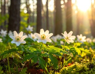 Delicate white flowers bloom amidst lush greenery in a sun-drenched forest setting, highlighting the soft morning light.