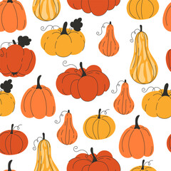 Seamless pattern of handdrawn pumpkins in orange and yellow